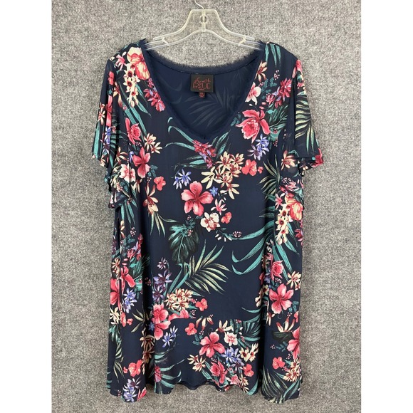 French Blue Tops - French Blue Floral Mesh Top Women 2X Navy Pink Excellent Flutter Sleeve V-Neck